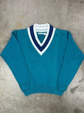 Vintage 90’s Claiborne Heavyweight Woven Oversized V-Neck Collegiate Sweater